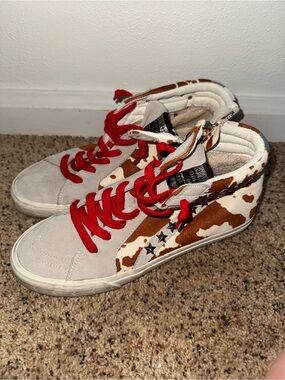 Vintage Havana High-Top Sneakers in Red and Brown Cow Print